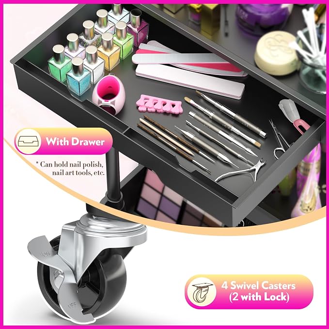 SUNALLY Makeup Cart Organizer with Drawer,4 Tier Rolling Makeup Cart, Black | Rolling Vanity Storage for Skin Care Perfume Nail Polish, Floor Skincare Organizers Cosmetics Display Bathroom Storage Cart
