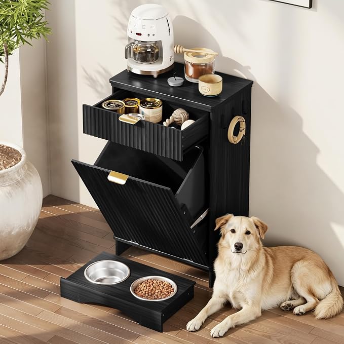 Pet Feeding Station, Dog Food Storage Cabinet with 2 Hidden Bowls, Black | Tilt-Out Pet Food Storage with Drawers and 3 Hooks, Cats and Dogs Food Organizer Cabinet for Kitchen,Living Room