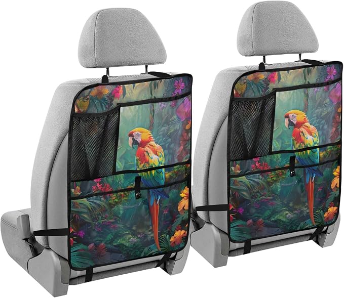 JIPONI Car Backseat Organizer, Parrot Macaw Tropical Automotive Back Seat Protector, Kick Mats with Storage Pockets for Kids Pets, Road Trip Accessories