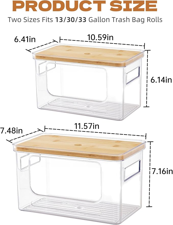 Goabroa Trash Bag Dispenser, 2 Pack Stackable Garbage Bag Holder with Bamboo Top, Clear Trash Bag Organizer Under Sink for Kitchen, Pantry, Cabinet, Laundry Room Storage and Organization