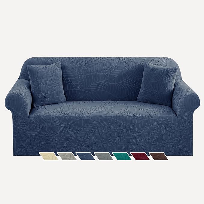 YEMYHOM Couch Cover Latest Jacquard Design High Stretch Sofa Covers for 2 Cushion Couch, Pet Dog Cat Proof Loveseat Slipcover Non Slip Elastic Furniture Protector (Medium, Begonia Leaf Navy)