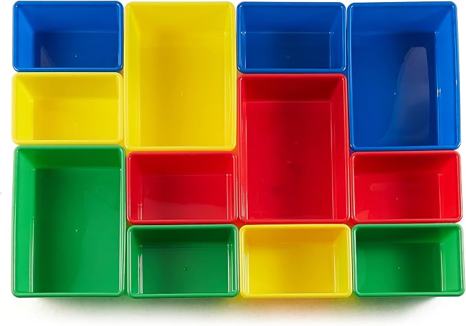Amazon Basics Kids Toy Storage Organizer With 12 Plastic Bins, Natural Wood, Multicolor, for Bedroom and Playroom, 33.85"D x 12.79"W x 35.42"H