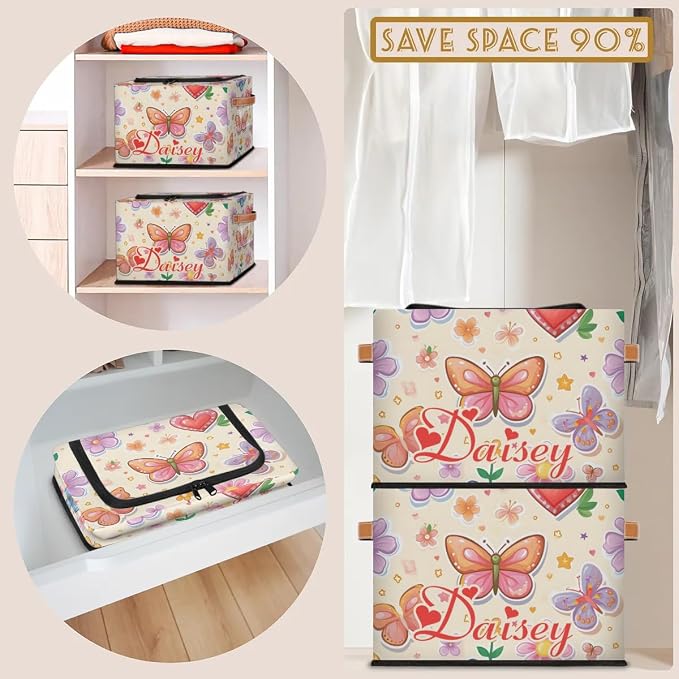 Custom Cute Butterfly Storage-Bin With Zipper Lid for Kids-Girls-Boys-Baby-Pet,Personalized Name Foldable Storage Box with Handle,Baby Basket With Label for Bedroom Nursery Toy Clothes,Light Yellow