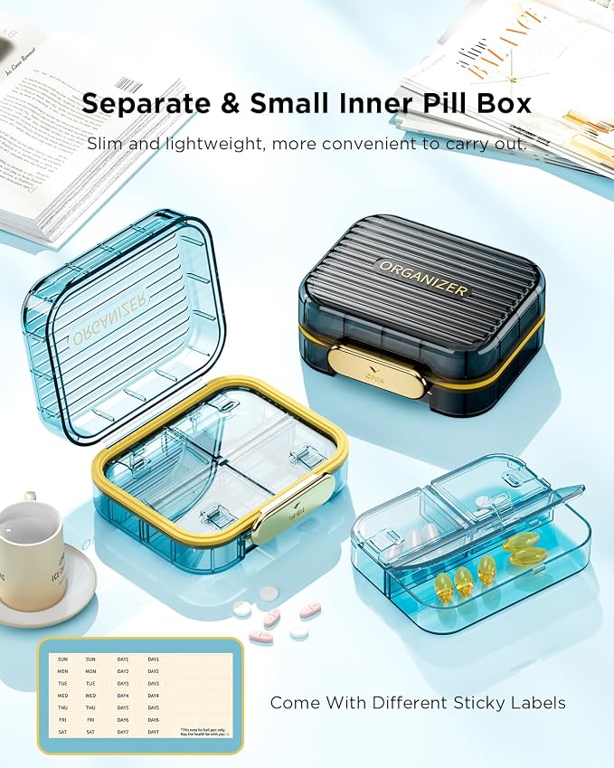 Acedada Travel Pill Case, Small Pill Box for Purse, Black | Portable Daily Pill Container, Compact Moistureproof 7 Compartments Pill Organizer, Medicine Holder for Vitamins Fish Oils