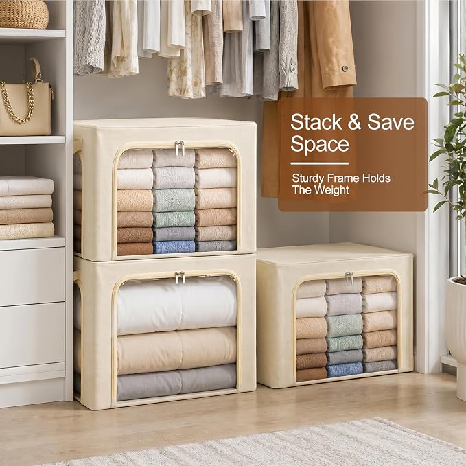 GoMaihe Clothes Storage Bins with Metal Frame for Blanket 3 Pack 66L Beige | Closet Top Shelf Linen Closet, Winter Clothing Bedding Comforters, 3 Side Access Stackable Collapse-Proof See Through Window
