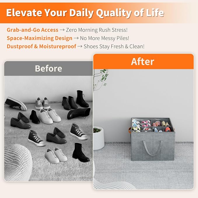 Aokeyee 2 Pack Shoe Organizer for Closet, Stackable Shoe Storage Box, Grey | Fits up to 32 Pairs, Space Saving, Foldable, Shoes Organizer Bin with Clear Cover, 4 Reinforced Handles