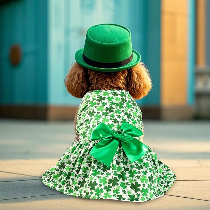 St. Patrick's Day Dog Costume Dress M – Lucky Clover and Horseshoe Design with Green Bow, Pet Outfit for 8-9 lbs Dogs and Cats, Holiday Party Clothes