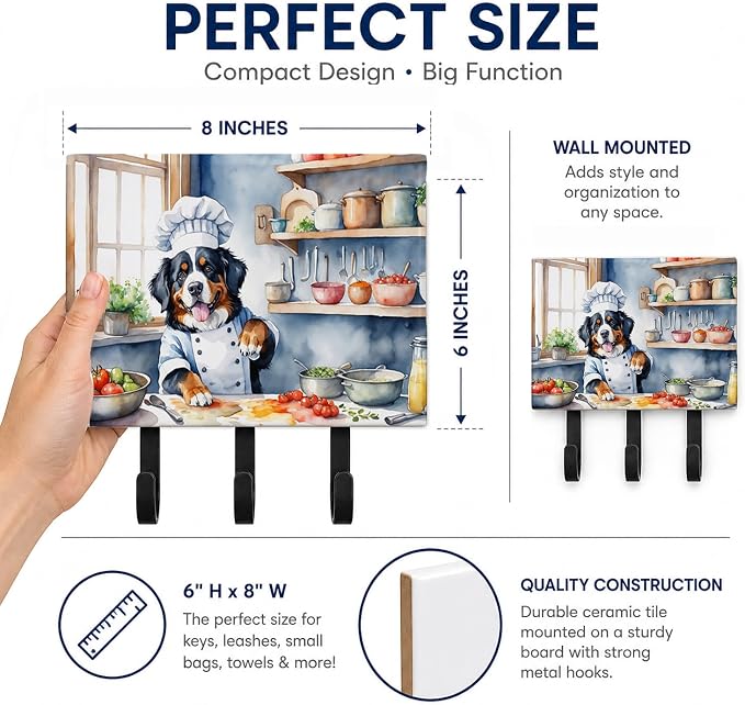 Caroline's Treasures Bernese Mountain Dog The Chef Leash or Key Holder Wall Hooks, Key Hooks Holder, Coat Rack Wall Mount, Coat Hooks, Hooks for Hanging Keys, Towels, Aprons, Leashes | Bernese Mountain Dog The Chef artwork on ceramic tile with three st...