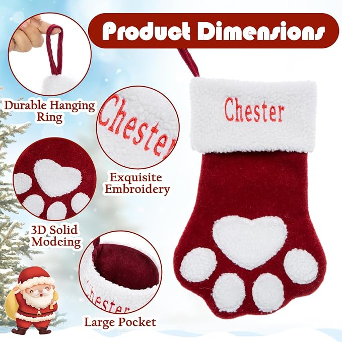 Personalized Christmas Stockings for Dogs Cats, Custom Pet Christmas Stockings with Embroidered Name, Pet Paw or Large Bone Xmas Stockings for Holiday Decoration (2 Pcs)
