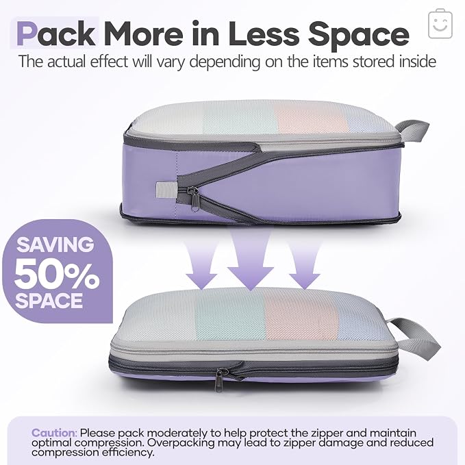 Veken 9/11 Set Compression Packing Cubes Garment Bags for Travel Essentials,Compressible Expandable Luggage Organizer Bags for Clothing,Space Saver Bags with Over 1000 pcs of Mesh Holes(Purple Gray)