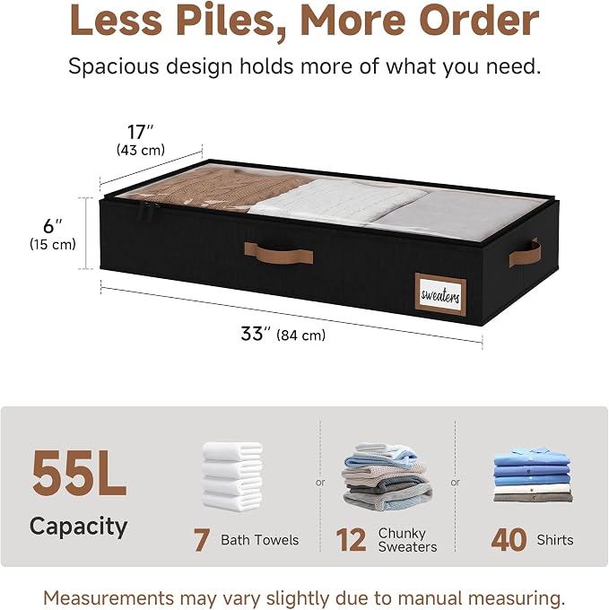 StorageWorks 6 Inch Low Profile Under Bed Storage Containers with Clear Lid | Reinforced Structure, Resists Sagging, Handles & Label Holder, Foldable Stackable Closet Storage for Clothes, Blankets, Toys