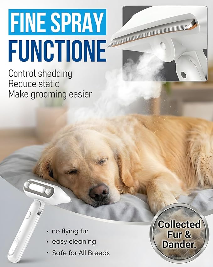 Spray Deshedding Brush for Cats & Dogs, 2-in-1 Mist Grooming Tool with Undercoat Removal, Anti-Static Pet Hair Remover, Gentle Stainless Steel Comb, No Flying Fur, Self Cleaning