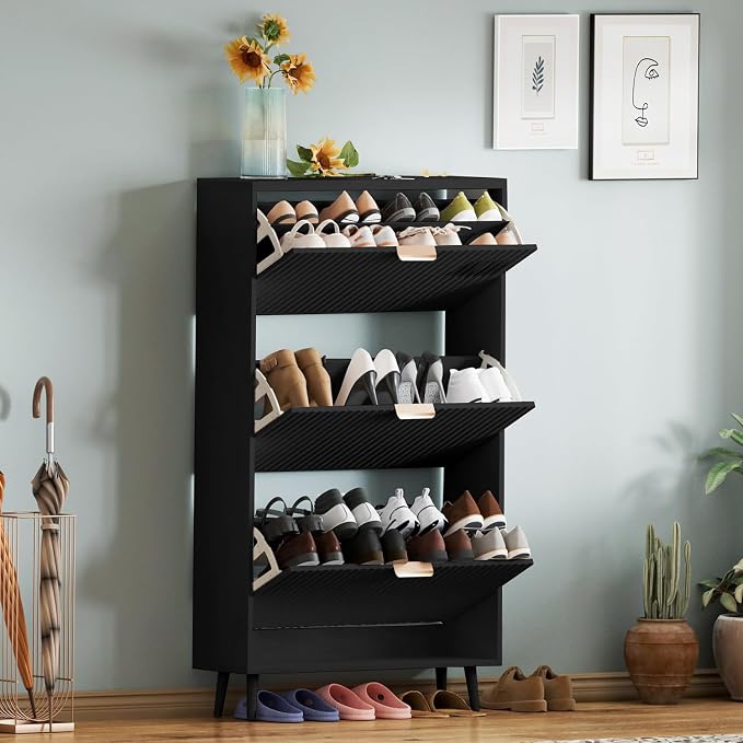 Shoe Cabinet Storage,Modern Freestanding Organizer with 3 Flip Drawers,Narrow Shoe Rack Cabinet for Entryway,Black