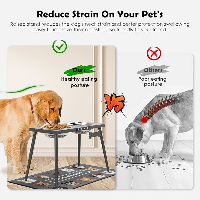 ADENGL Elevated Dog Bowls for Large Extra Large Pet, Raised Dog Bowl Stand with Sprill Proof Mat and Bowls (2000ml/70oz), Pet Food & Water Bowl 15.5" Tall Dogs Feeder for Extra Large Breed, Grey
