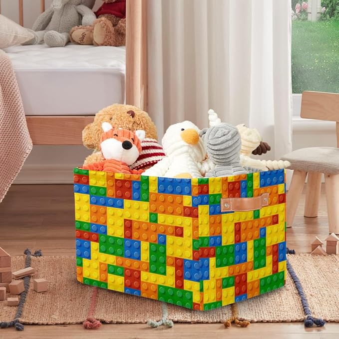 Rectangle Storage Basket with Handles, Cube Organizer Bins for Shelves Collapsible Toys Storage Box Clothes Baskets for Nursery Home Kids Room(Colorful Building Blocks)
