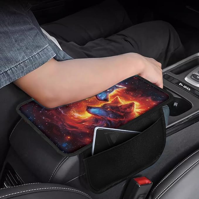 Howilath Galaxy Wolves Console Cover for Car Non-Slip Armrest Cushion Pad | Easy Stretch-on Installation, Comfortable Support, Protects from Dirt. Accessories Interior Decor