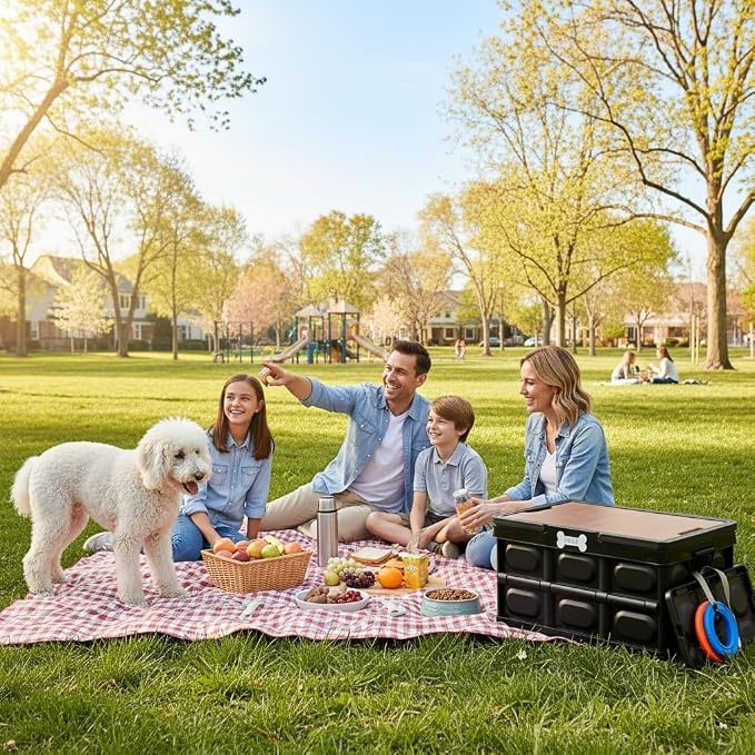Morezi Outdoor dog toy bin chew proof box storage in plastic foldable designed dog stuff organizer great for pet food organizing toys leashes clothing in outside black