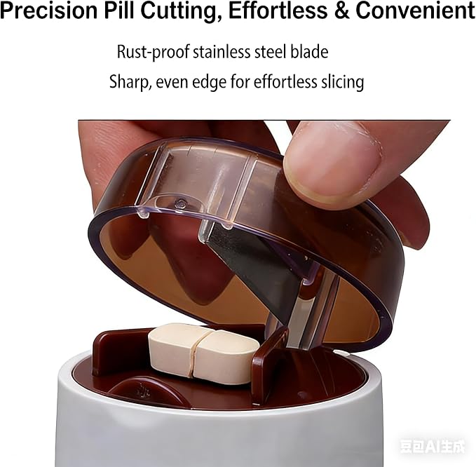 3-in-1 Pill Crusher and Cutter with Storage, BPA-Free Pill Grinder for Fine Powder, Stainless Steel Blade & Grinding Head, Portable Pill Splitter for Elderly, Pets, Travel (Brown)