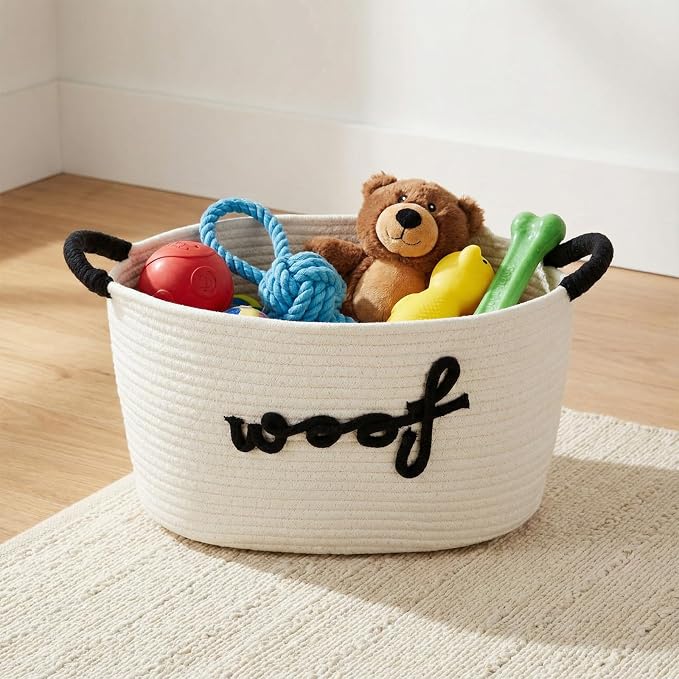 Dog woven Toy Basket 14.6 x 10.6 x 8.7 Inch Woof Pet Baskets Storage Bin Box with Durable Handles, Woven Pet Basket Puppy Bins for Organizing Toys Dog Blankets and Accessories(Woof)