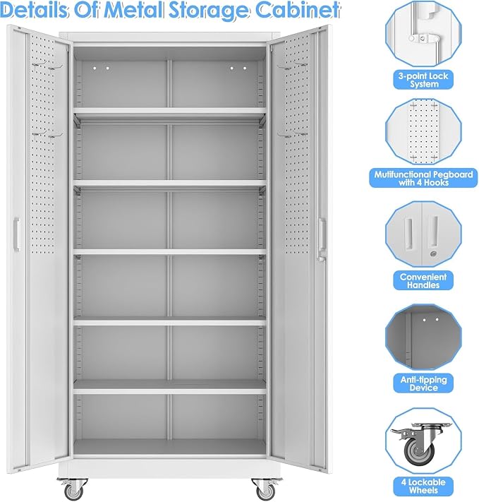 Reemoon 71-Inch Metal Garage Storage Cabinet with Wheels, White | 18 x 34 x 71 in rolling steel cabinet with 5 adjustable shelves, pegboard, locking doors, and 4 casters; assembly required.