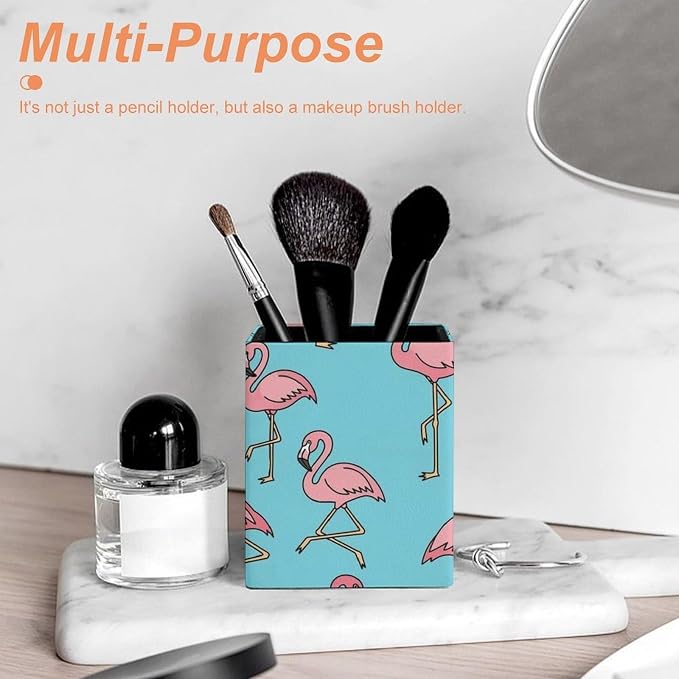 PU Leather Pen Pencil Holder Flamingo Floral Sky Blue Pencil Cup Stationery Container Box Makeup Brush Holder Storage Organizer for Office Supplies