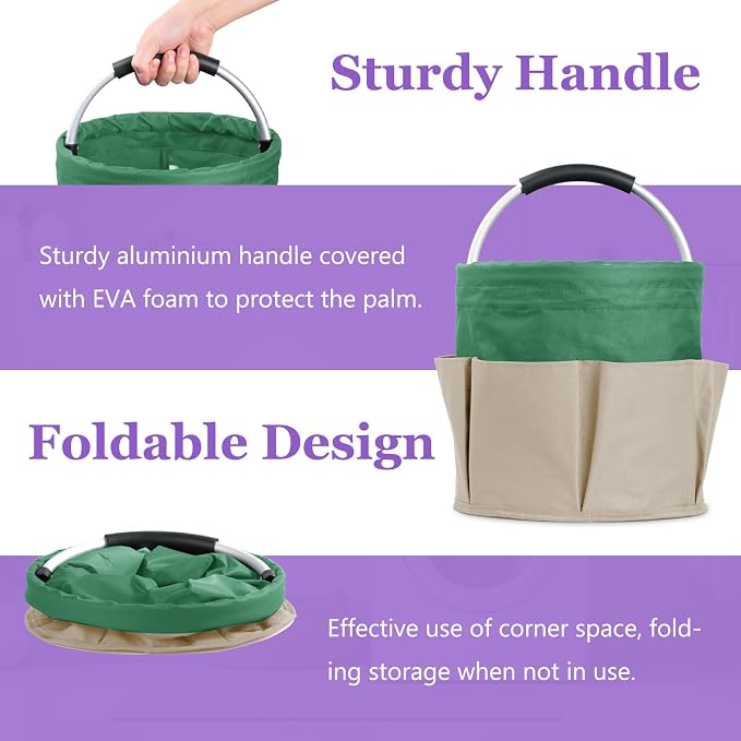Set of 2 Foldable Cleaning Caddy for Cleaning Supplies, 17L Household Tool Bucket Organizer for Men, Large Cleaning Basket in 600D Oxford Fabric for Travel, Garden, Khaki with Green