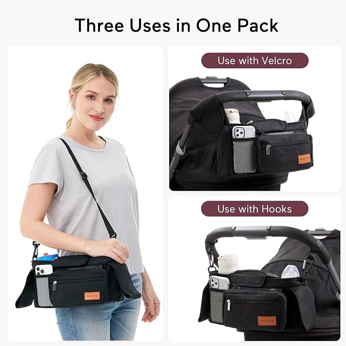 Momcozy Universal Stroller Organizer with Insulated Cup Holder | Detachable Phone Bag and Shoulder Strap, Fits for Uppababy, Baby Jogger, Britax, BOB, Umbrella, and Pet Strollers