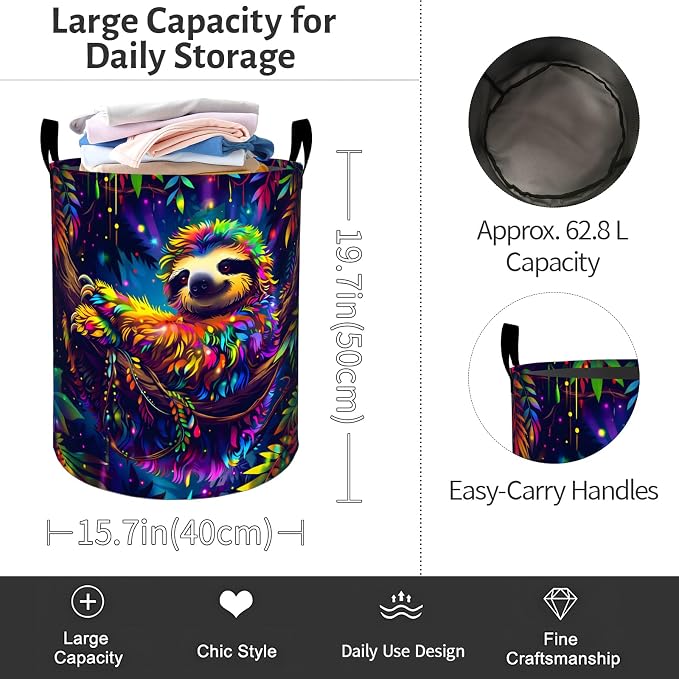 Colorful Sloth Laundry Basket, Mystical Jungle Foldable Oxford Cloth, Waterproof Dirty Clothes Hamper with Handles, Clothing Storage Bin Toy Organizer for Bedroom Dorm Bathroom, 19.7"x15.7"
