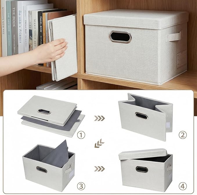 Storage Bins with Lids [3-Pack] Linen Fabric Foldable Storage Boxes Organizer Containers Baskets Cube with Cover for Bedroom Closet Office Beige（11.4X8.6X6.7