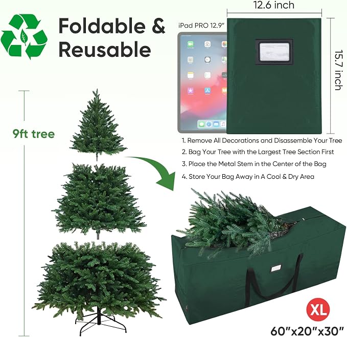 BALEINE 9 ft Christmas Tree Storage Bag, Heavy Duty Extra Large Artificial Christmas Tree Bag with Reinforced Handles and Dual Zippers Wide Opening (Green, 9 ft)