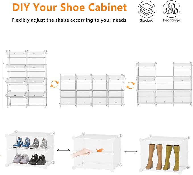 AWTATOS 8 Tiers Shoe Rack Organizer, 32 Pair Shoe Storage Cabinet, Clear | DIY Stackbale Plastic Shoe Organizer Shelves for Closet Entryway Hallway Bedroom