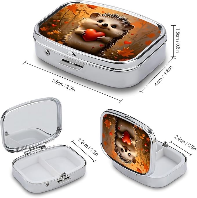 Hedgehog Heart Autumn Durable Metal Pill Case for Daily Use, 2 Slot Medicine Box Organizer,Leak Proof Travel Pill Container for Vitamins, Compact Pocket Medicine Holder for Seniors,Holiday Gift