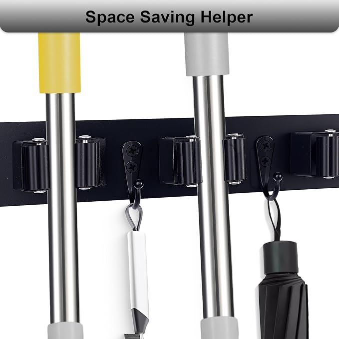 FunCee Broom Holder Wall Mount With 5 Slots & 4 Hooks，Rustic Wood Broom & Mop Hanger，Wall Mounted Garden & Garage Tool Storage Organizer Rack for Closet Laundry Room or Kitchen Wall Decor Black
