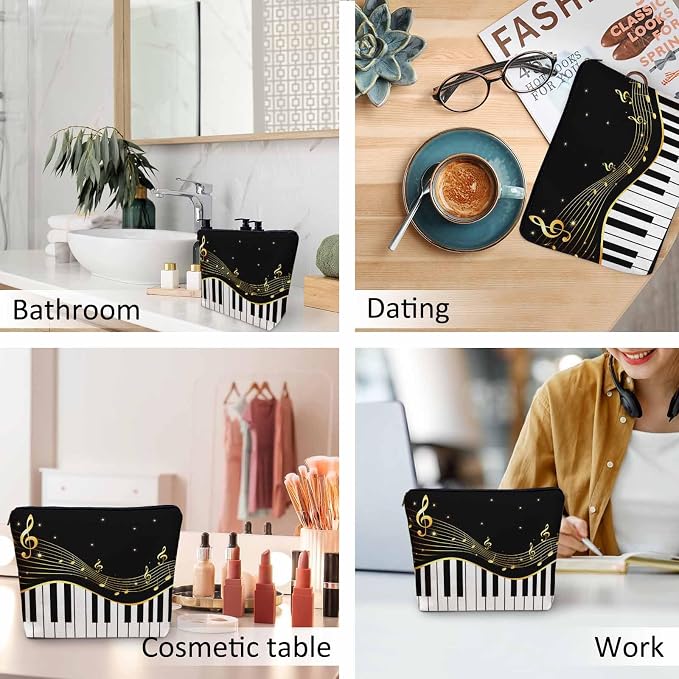 Women Makeup Organizer Bag Piano Music Notes Instrument Piano Flax Cosmetic Bag Makeup Bags Toiletry Bag Accessories Organizer Travel Bags For Home Bathroom Office Hotel Gym Black Golden