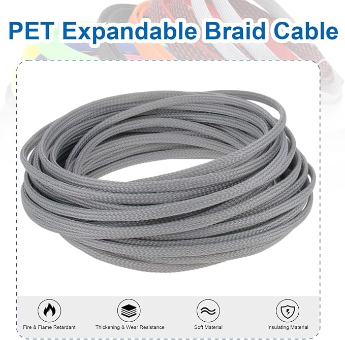 Heyiarbeit 10m/32.8ft PET Expandable Braid Cable Sleeving Flexible Wire Mesh Sleeve Grey 4mm