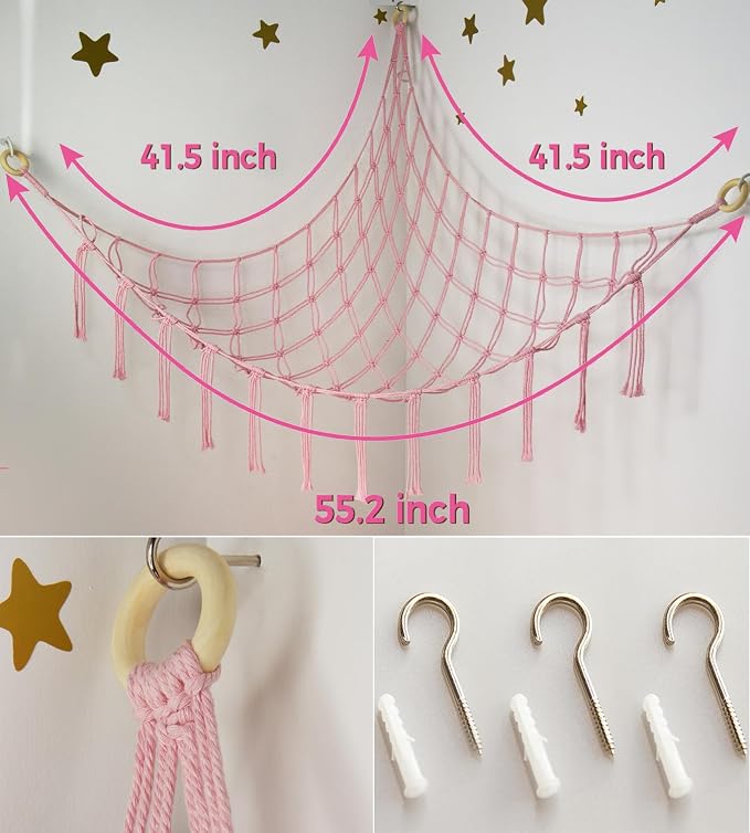 Stuffed Animal Storage Hammock Corner Net - Pink Room Christmas Decor for Teen Girls - Toys Storage Hanging Stuff Animal Organizer Holder Cute Stuff - Boho Nursery Dorm Bedoom Decor Aesthetic