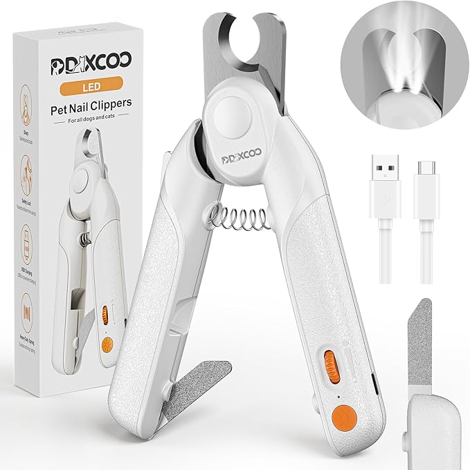 Dual-LED Pet Nail Clippers with Stepless Brightness Adjustment, Side Lock & Retractable File, Anti-Slip Handles for Dogs and Cats (White)