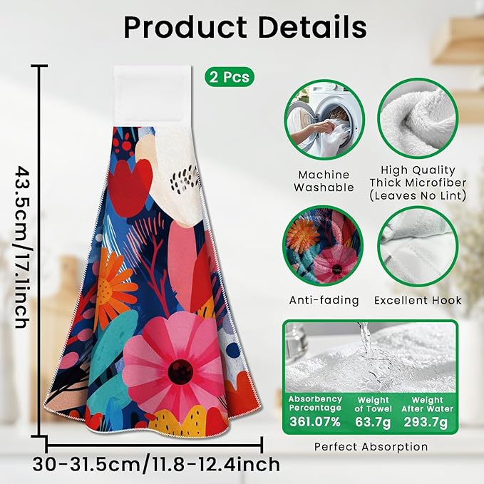 CUTHOLLOW Abstract Flowers Hanging Kitchen Towels with Loop, Set of 2 - Soft & Super Absorbent Microfiber Decorative Hanging Dish & Hand Towel, Tea, Coffee Towel for Kitchen Bathroom Oven Handle