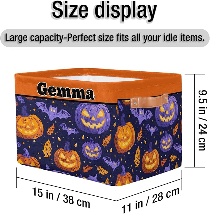 Personalized Foldable Storage Basket with Name for Boys, Laundry Hamper Dirty Clothes Pet Toys Storage Bin with Handles for Shelf Home Closet, Purple Orange Pumpkin Bat