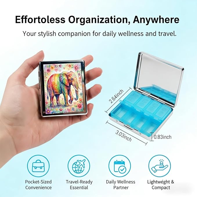 Weekly Pill Organizer, Metal Pill Box with 8 Compartments, Small Travel Pill Case for Purse Pocket, Medicine Vitamin Supplement Organizer (Rainbow Elephant)