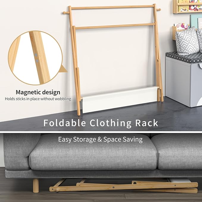 BAMBOOHOMIE Kids Clothing Rack With Storage Shelf & Double Rods, Foldable Dress Up Clothes Rack for Toddler Nursery, Child's Room, 100% Natural Bamboo (Large Size)