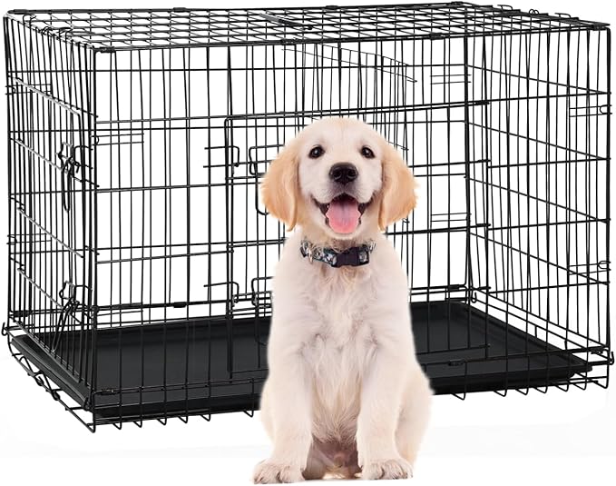 24 Inch Small Dog Crate, Heavy Duty Dog Crates for Small Dogs, Metal Wire Folding Dog Cage with Removable Trays, Locks, Double-Door, Divider Panel, Handle, Puppy Crate Pet Crate (24 in, Black)
