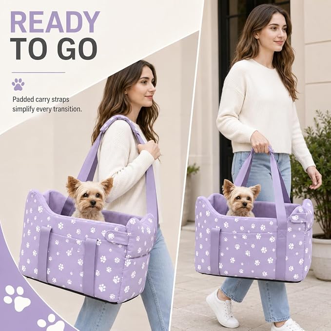 Center Console Dog Car Seat Safe Travel for Small Dogs Under 15 lbs Detachable Washable Pet Carrier with Storage Pockets & Safety Leash (Purple)