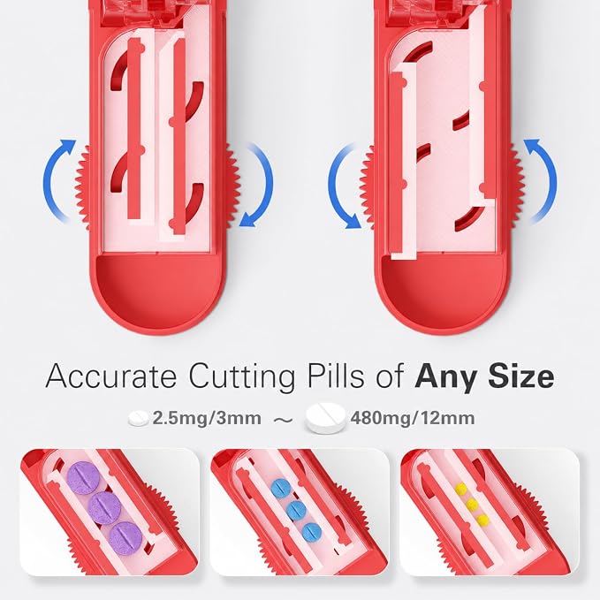 ONE PIX Pill Cutter Splitter for Small and Tiny Pills, Multiple Pill Splitter with Centering Device & Hidden Blade, Adjustable Tablet Cutter for Large Pills, Seniors, Pets, Red
