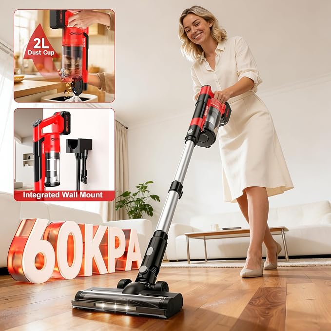 60kPa Cordless Vacuum Cleaner, 8000mAh Brushless Pet Vacuum, 6 in 1 Lightweight Stick Vacuum with 2L Dust Cup, 3 Suction Modes, 700W Portable Handheld Cordless Vacuum for Pet Hair/Hardwood Floor/Dorm