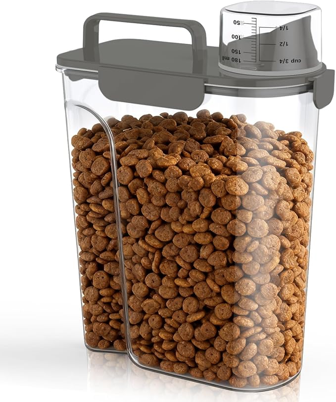 Uppetly Dog Cat Food Storage Container, 5-7Lbs Pet Food Containers, Airtight Cat Food Container with Portable Handle & Measuring Cup, Small Animal Dry Food Dispenser for Dogs, Cats and Birds Grey