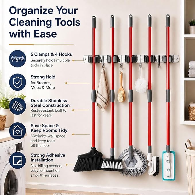 voze 5 Racks and 4 Hooks Mop and Broom Holder Wall Mount, Self Adhesive Heavy Duty Broom Hanger Organizer Storage Tool Racks for Kitchen Garden Laundry Garage (Pack of 2)