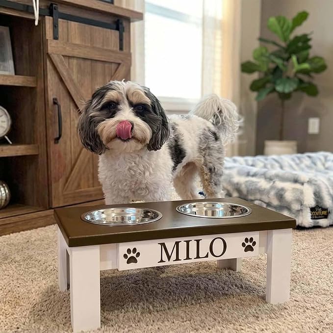 Personalized Dog Bowls Stand for Small Dogs, Wood Elevated Feeding Station | Farmhouse Style, Stainless Steel Dishwasher Safe Bowls, Raised Anti-Slip Feeder, Made in USA