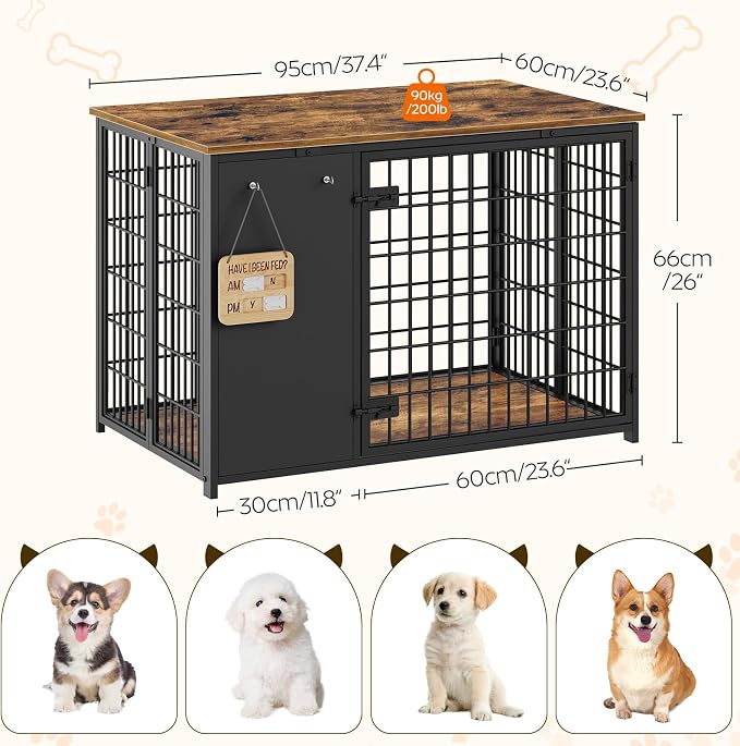 YATINEY Foldable Dog Crate Furniture, Dog Crate with DIY Frame, Heavy Duty Dog Kennel Indoor with Hooks, Wooden Dog Cage End Table, for Small/Medium Dogs, Rustic Brown and Black DC95BR