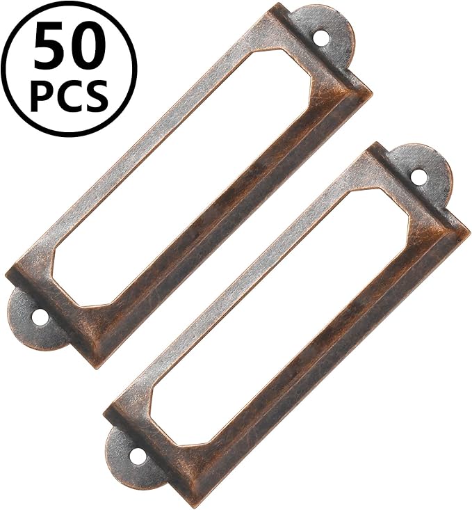 50 PCS Metal Label Holders 60x17mm Red Bronze with Screws | Iron Red Bronze-Plated Rust-Proof, 60x17mm Fits 44x10mm Label, Screws Included, For Cabinet Drawer File Box